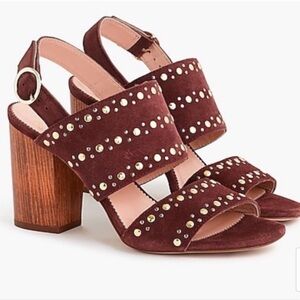J. Crew Stella Suede studded block Bright Ruby heels wine burgundy sandals 11